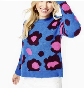 NEW! Lilly Pulitzer Ferrara Sweater Growl and Prowl Jacquard Blue Pink SZ XXS - Picture 1 of 7