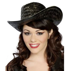 Black Cowgirl Hat Cowboy Straw Old Wild West Farmer Rancher Costume H4152 - Picture 1 of 2