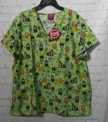 Womens Green Halloween Divine Curves short sleeve Medical Top Plus Size 1X - Image 1 of 4