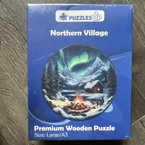 Miniature Northern Lights Cabin Camp Round Wooden Jigsaw Puzzle Size A3 Large - Picture 1 of 2
