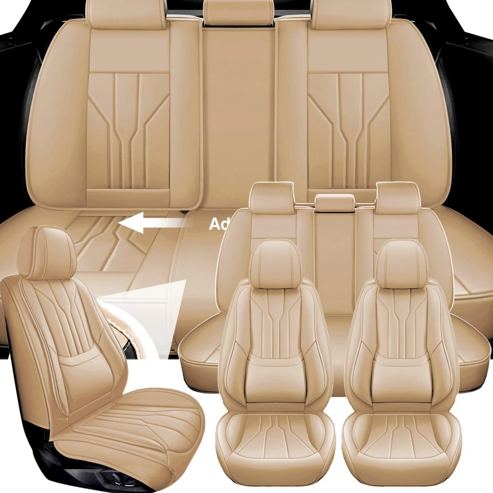 Juego Completo Fundas Asiento Coche 5 Plazas Cuero PU Delantero + Cojín Trasero Universal Beige Foto 1 de 4