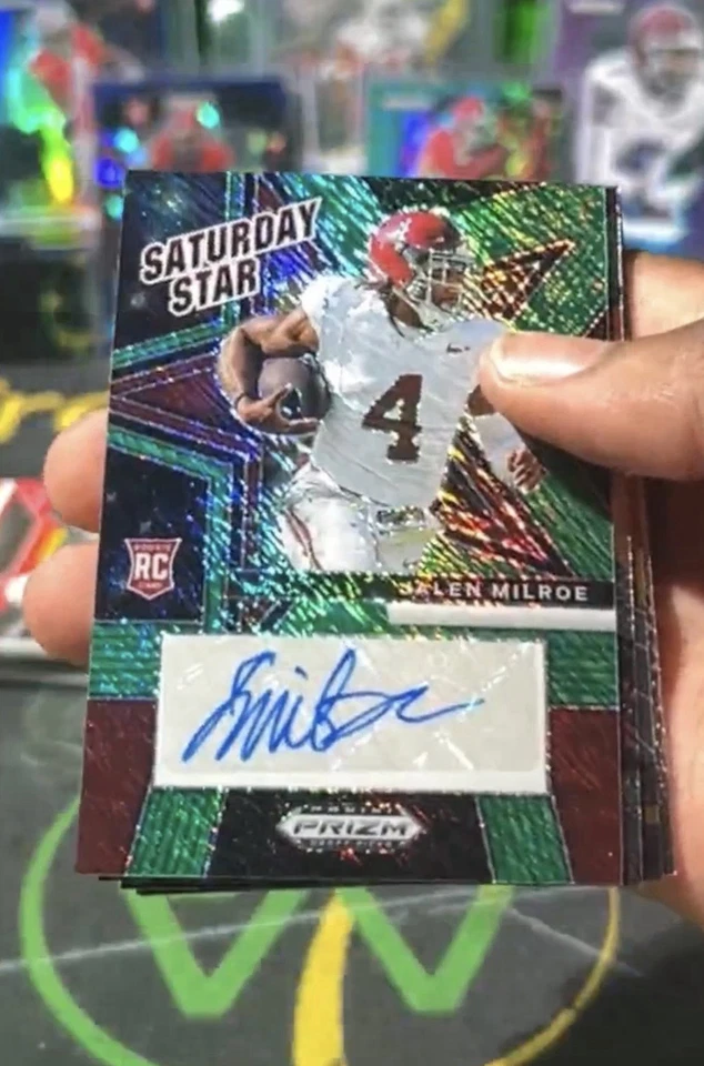 Jalen Milroe 2025 Prizm Draft Picks Saturday Star Auto 5 /8 Green Shimmer - Image 1 of 1