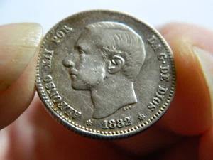 1882 Una Peseta - Alfonso XII - Spain - KM686 - Silver .835 - rare - XF - Picture 1 of 10