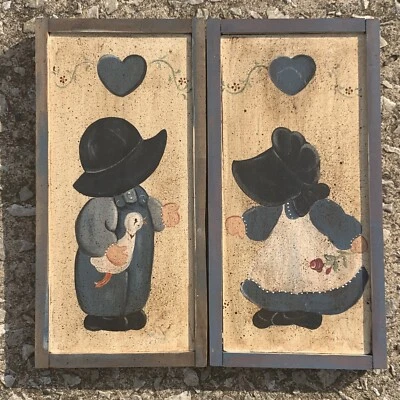 Arte vintage primitivo hecho a mano único AMISH BOY & GIRL Pato Rose ❤️sj8j8 Foto 1 de 4