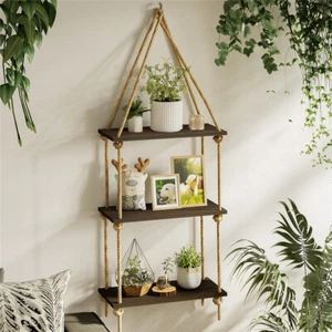 Wisfor 3 Tier Rope Hanging Floating Shelves Wood Wall Swing Shelf Home Storage - Picture 1 of 12