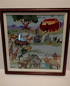 Framed Needlepoint Completed Noah's Ark by ENK 1994  Very TINY Stiches petite - Picture 1 of 9