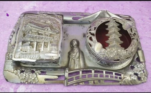 Cenicero pagoda japonés de colección caja de cigarrillos de metal plateado Foo Dog Dragons asiático - Imagen 1 de 13