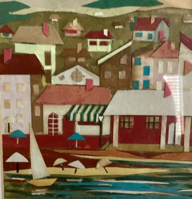 Collage de papel original Sea and Town escena artista firmado enmarcado 9x9 Foto 1 de 4