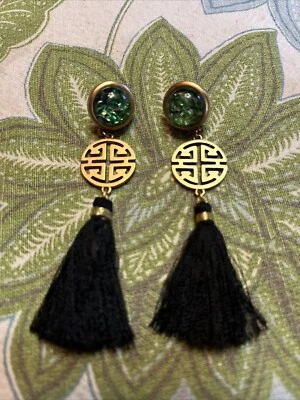 Asian Chinese Symbol, Acrylic Bead & Black Tassel Pierced Earrings Earrings - Image 1 of 4