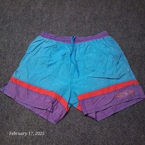 Vintage Ocean Pacific Mesh Lined Nylon Swim Trunks Adult Size Large Blue Striped - Picture 1 of 9
