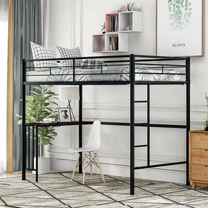 Modern Twin Size Metal Bunk Bed Frame Loft Bed with Desk Ladder Bedroom Black - Picture 1 of 9
