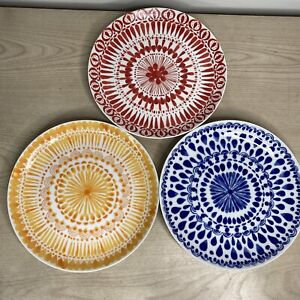 Anthropologie Mandala Pattern Retro  Plates Japan 8” Red Yellow Blue Lot of 3