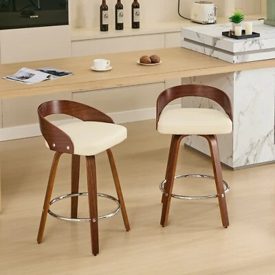 2Set Wood Bar Stools Swivel 25"Counter Height Barstools Chairs Low Back Beige PU - Image 1 of 4
