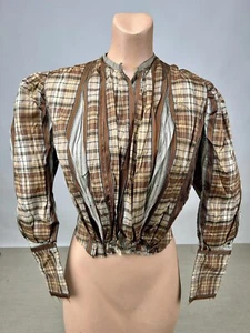Antique Victorian Plaid Brown & Stripes Jacket Dress Bodice with puffy shoulders - Picture 1 of 24