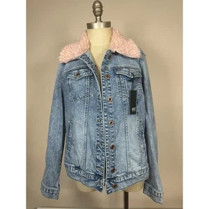 Kut From The Kloth Denim Emma Boyfriend Jacket Faux Fur Trim Women’s Size M - Picture 1 of 8