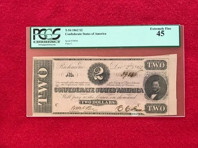 T-54 1862 $2 Two Dollar CSA Confederate Note *PCGS 45 Choice Extremely Fine* - Image 1 of 2