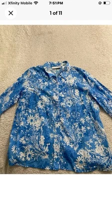 Camisa azul abotonada manga larga transparente lentejuelas florales primera edición para mujer talla XL Foto 1 de 4