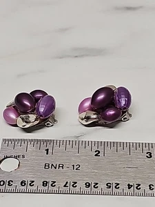 Vintage Silver-tone Costume Plastic Purple Beaded Clip Earrings - Picture 1 of 5