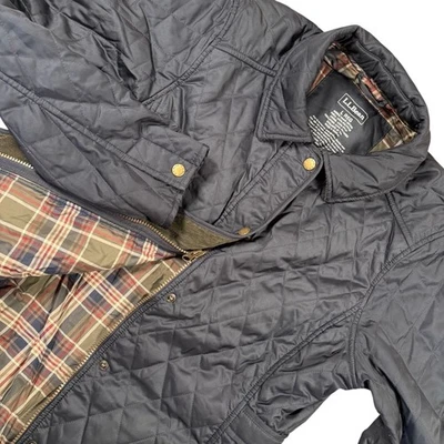 Jaqueta feminina LL Bean acolchoada celeiro tamanho G azul marinho xadrez forrada frente de pressão - Imagem 1 de 4