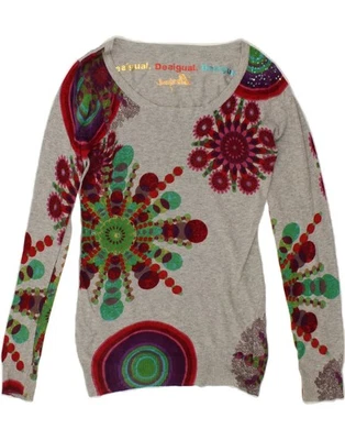 DESIGUAL Womens Graphic Boat Neck Jumper Sweater UK 10 Small Grey Floral BY05 - Image 1 of 3