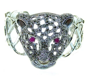 Huge Precious Panther Natural Ruby Marcasite .925 Sterling Silver handcrafted B - Picture 1 of 4