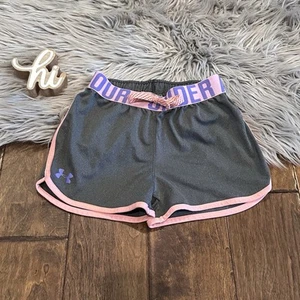 Under Armour Girls Shorts Grey Pink Drawstring Performance Athletic Size YSM - Picture 1 of 3