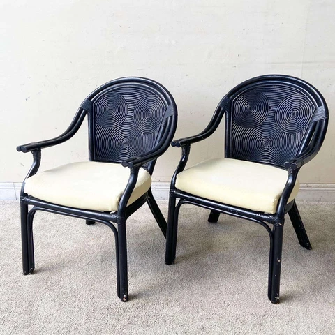 Boho Chic Black Pencil Reed Arm Chairs - a Pair Cover