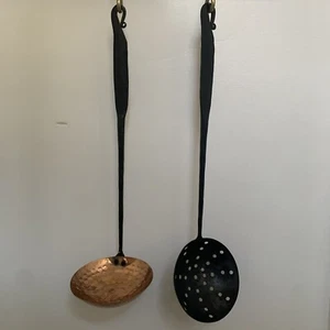 Wrought Iron Handle Hammered Copper Laddle & Wrought Iron Strainer Xtra Long - Picture 1 of 12