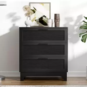 Aupodin Chest of Drawers 35" x 31.5" 15.7" 3-Drawers Wood Top Rattan Black - Picture 1 of 10