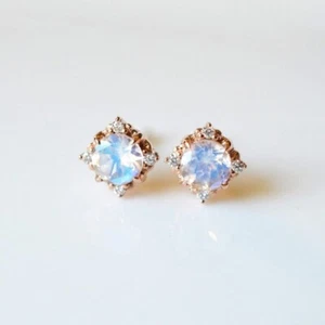 14k Natural Cut moonstone Rose gold Designer Women Stud Earring - Picture 1 of 5