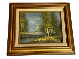 Antique Landscape Oil Painting Nature Evergreen Pine Tree Creek Framed Signed - Picture 1 of 10