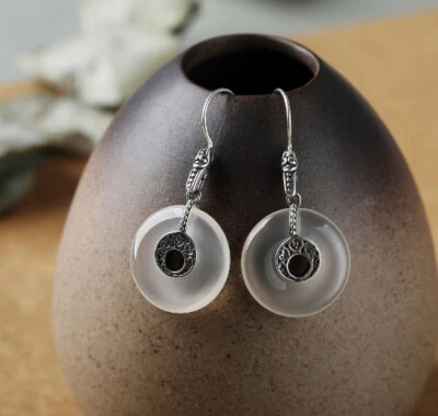 T09 Orecchini Disco Cerchio Di Calcedonio Bianco 925 Argento Sterling - Immagine 1 di 3