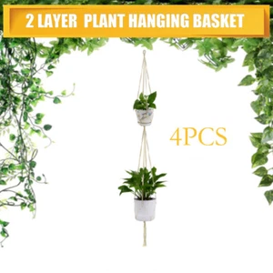 4PCS 2 Layer Garden Plant Hanger Macrame Hanging Basket Rope Flower Pot Holder - Picture 1 of 7