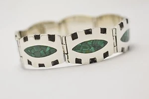 Taxco Mexican 925 Sterling Silver Malachite Stone Inlay Bracelet, 72g, 7.3"   - Picture 1 of 12