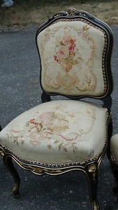 SET OF 3 ANTIQUE LOUIS XV FRENCH FAUTEULIN CARVED AUBUSSON TAPESTRY c 1750 CHAIR - Picture 1 of 11