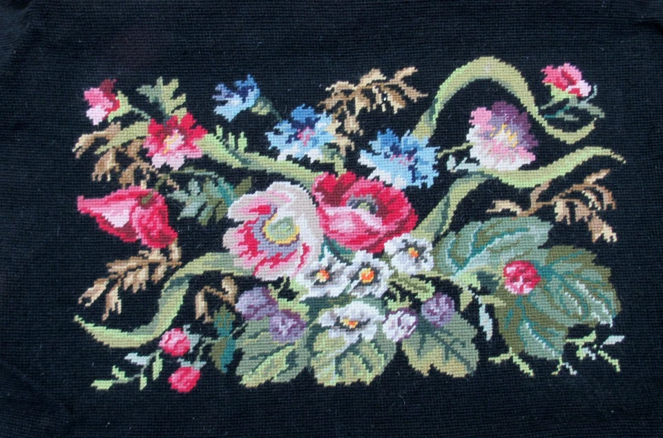 Needlepoint Tapestry Floral Bench chair cover Large 24”x 15.5” Black - Image 1 of 4