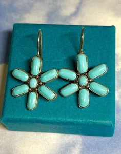 Sally C SX Sterling Silver Turquoise FLOWER 925 Floral Dangle Earrings - Picture 1 of 2