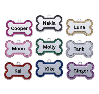Personalised Glitter Tag Bone Pet ID Tag Engraved Dog Tag Cat Name Tags Custom - Image 1 of 4
