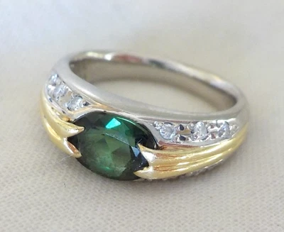 Vintage Platinum 18K Green Tourmaline Diamond Ring - 9.42 gms, Sz 6.25, 1.30 ctw - Image 1 of 4
