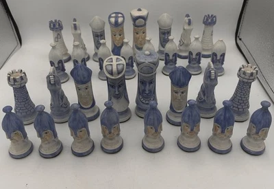 Vintage Duncan Hand Painted Ceramic Medieval 32 Complete Chess Set No Board Read - Image 1 of 4