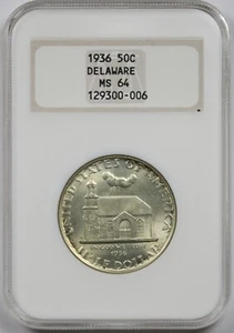 1936 Delaware 50C NGC/Old Holder MS 64 Early Silver Commemorative Half Dollar - Picture 1 of 4