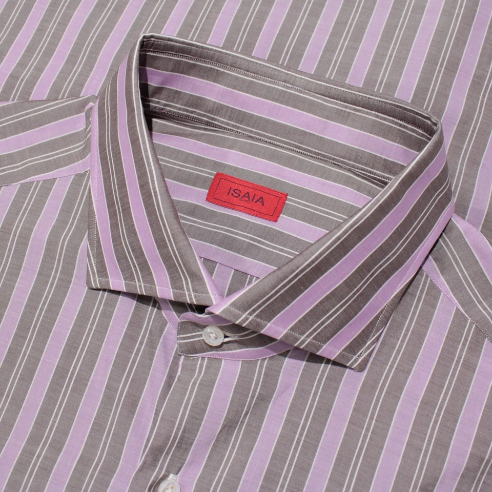Camisa de vestir Isaia nueva con etiquetas talla 46 18,5 en rayas moradas/marrones/blancas 100 % algodón Foto 1 de 4