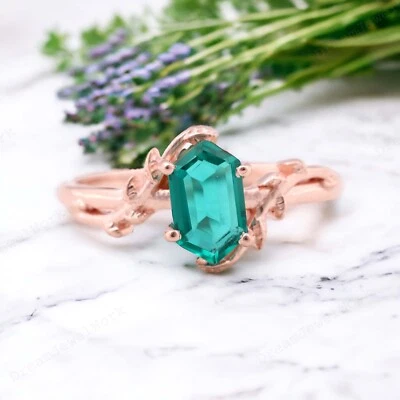 Anillo solitario ramita hoja rama oro rosa 14k 11x7MM corte hexagonal natural esmeralda Foto 1 de 3
