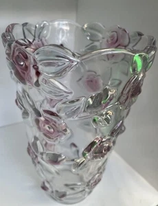 Vintage Mikasa Bella Rose 9" Crystal Vase Pink Glass Roses - Picture 1 of 4