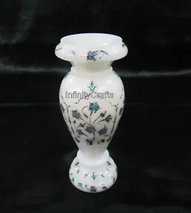 08 Inches White Marble Flower Vase Abalone Shell Inlay Work Decorative Plant Pot - Picture 1 of 5