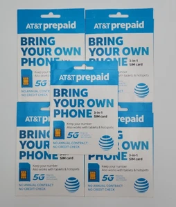 5 Pack AT&T Prepaid Sim Card Bring Your Own Phone 5G 3 In 1 - Zdjęcie 1 z 2