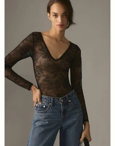 Anthropologie lace V neck bodysuit L black longsleeved sheer - Picture 1 of 11