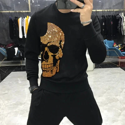 New Fashion Skull Rhinestones Winter Warm Hoodie Men Luxury Sweatshirt Pullover - Image 1 of 4