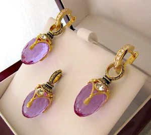 SALE ! STUNNING ENAMELED EGG PENDANT & EARRINGS SET STERLING SILVER 925 AMETHYST - Picture 1 of 3