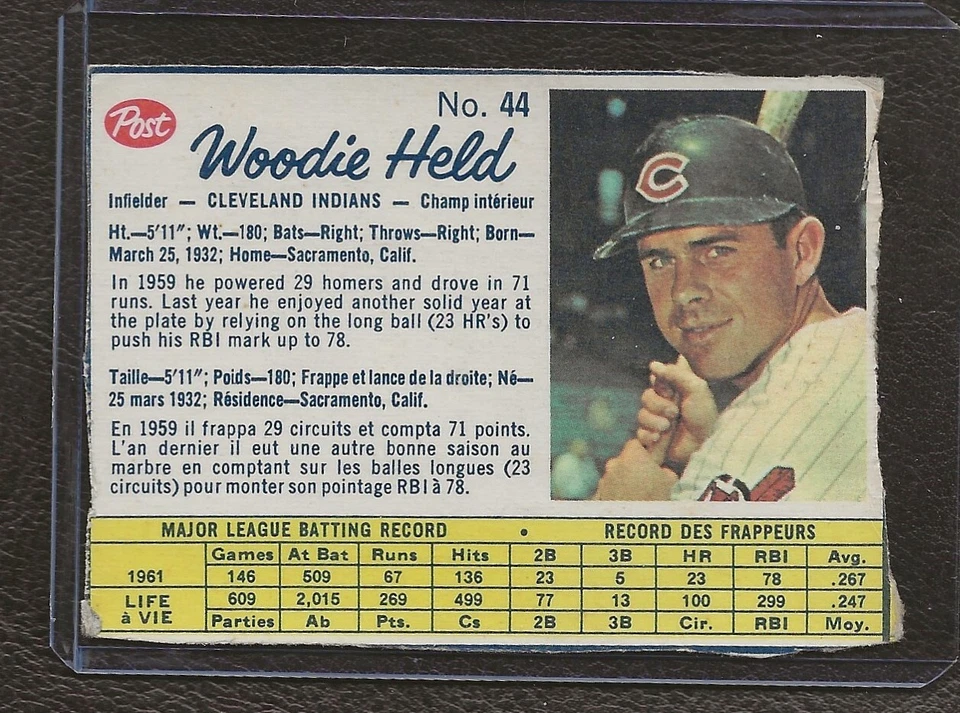 1962 Post Canadian #44 Woody Held, Cleveland Indians, VG, Tough! - Image 1 of 2